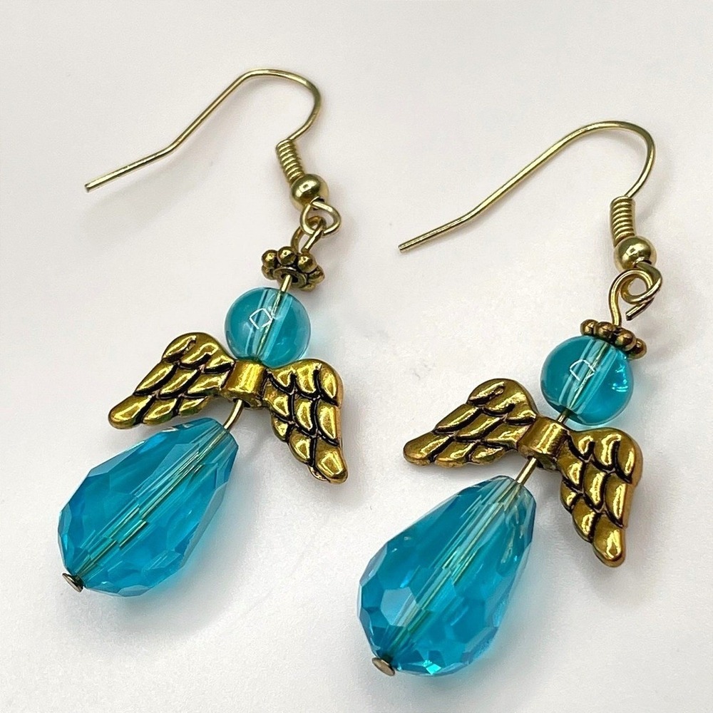 Vintage Gold Tone Angel Dangle Earrings Gold Tone Blue Faceted Crystal Drop Hook